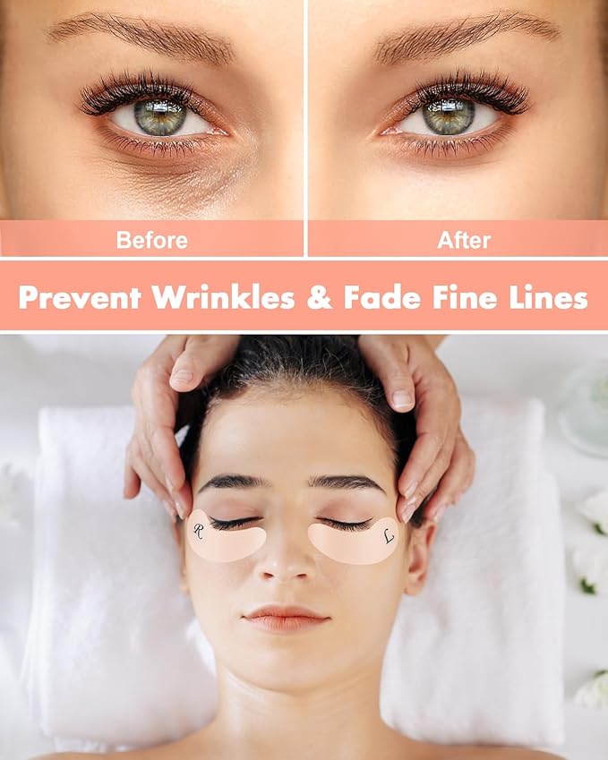 4 Pairs Reusable Under Eye Wrinkle Patches Silicone Mask, Plump Fine Lines & Wrinkles, with Metal Eye Cream Applicator, Tin Case, Cream