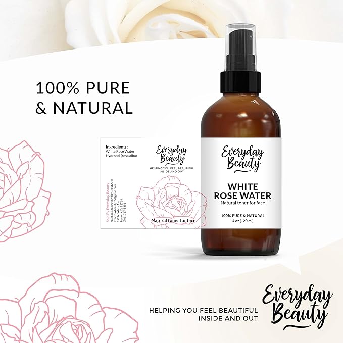 White Rose Water Facial Toner - Alcohol-Free Vegan All Natural Refreshing Spray Mist for Face and Hair - Uplifts, Calming & Soothing for All Skin Types 4oz with Fine Mist Cap
