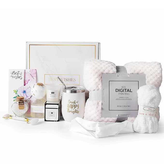 Birthday Gifts For Women, Self Care Gifts For Women - Jade Roller, 10 in 1 Spa Basket Care Package, Get Well Soon Gifts w/ Plush Blanket, Relaxing Spa Gift Basket, Birthday Gift Basket For Mom Wife