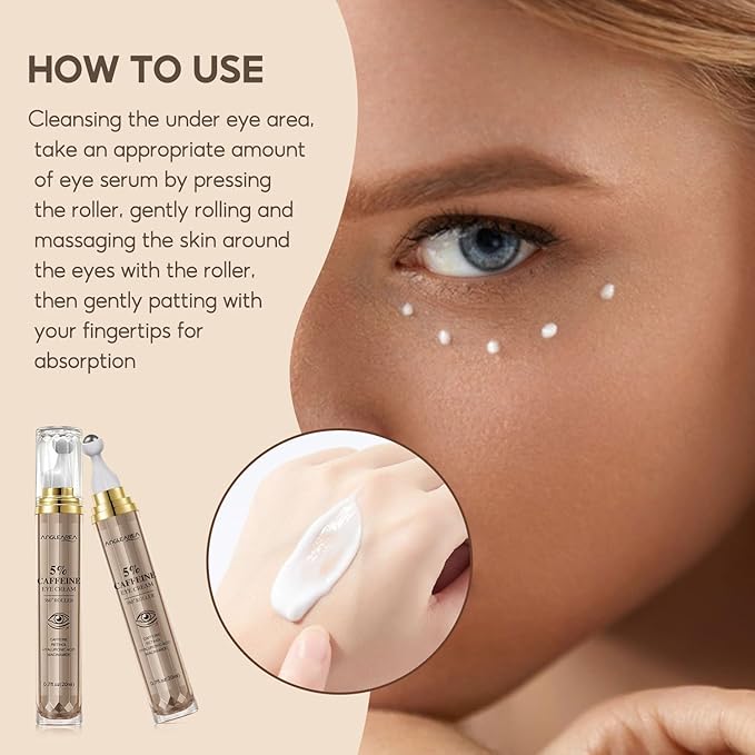 5% Caffeine Eye Serum with 360°Massage Ball for Puffiness, Fine Lines & Wrinkles - Anti-Aging, Hydrating Formula with Hyaluronic Acid, Niacinamide
