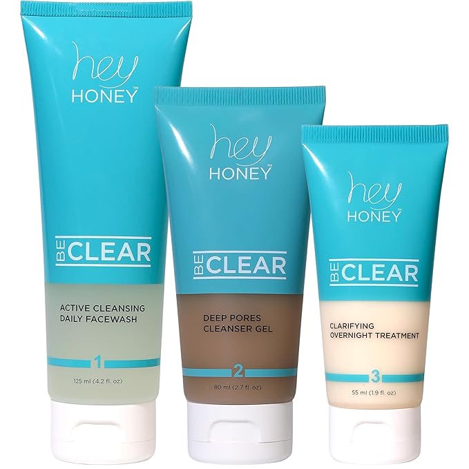 Hey Honey BE CLEAR Acne Skincare Routine: Daily Facewash, Deep Pore Cleanser & Clarifying Overnight Treatment | Natural Formula with Propolis, Squalane & Honey Fights Blemishes, Balances Oily Skin.