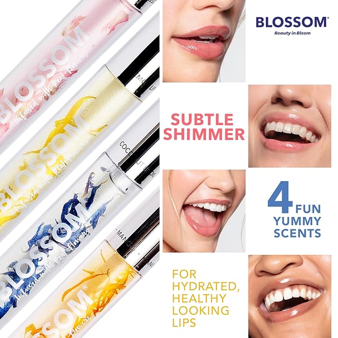 Blossom Lip Gloss & Lip Oil with Olive Oil + Grape Seed Oil, Moisturizing and Hydrating Shimmer Sparkle, Infused with Real Flowers, 3g, Coconut