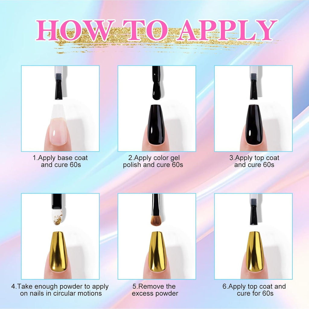 NXJ INFILILA Pearl Chrome Nail Powder Kit, Chrome Pallete for Nails 4 Colors - Gold, Silver, Moonlight White, Iridescent Yellow, Pearl Mermaid Aurora Effect Pigment for Gel Polish, Gift for Women