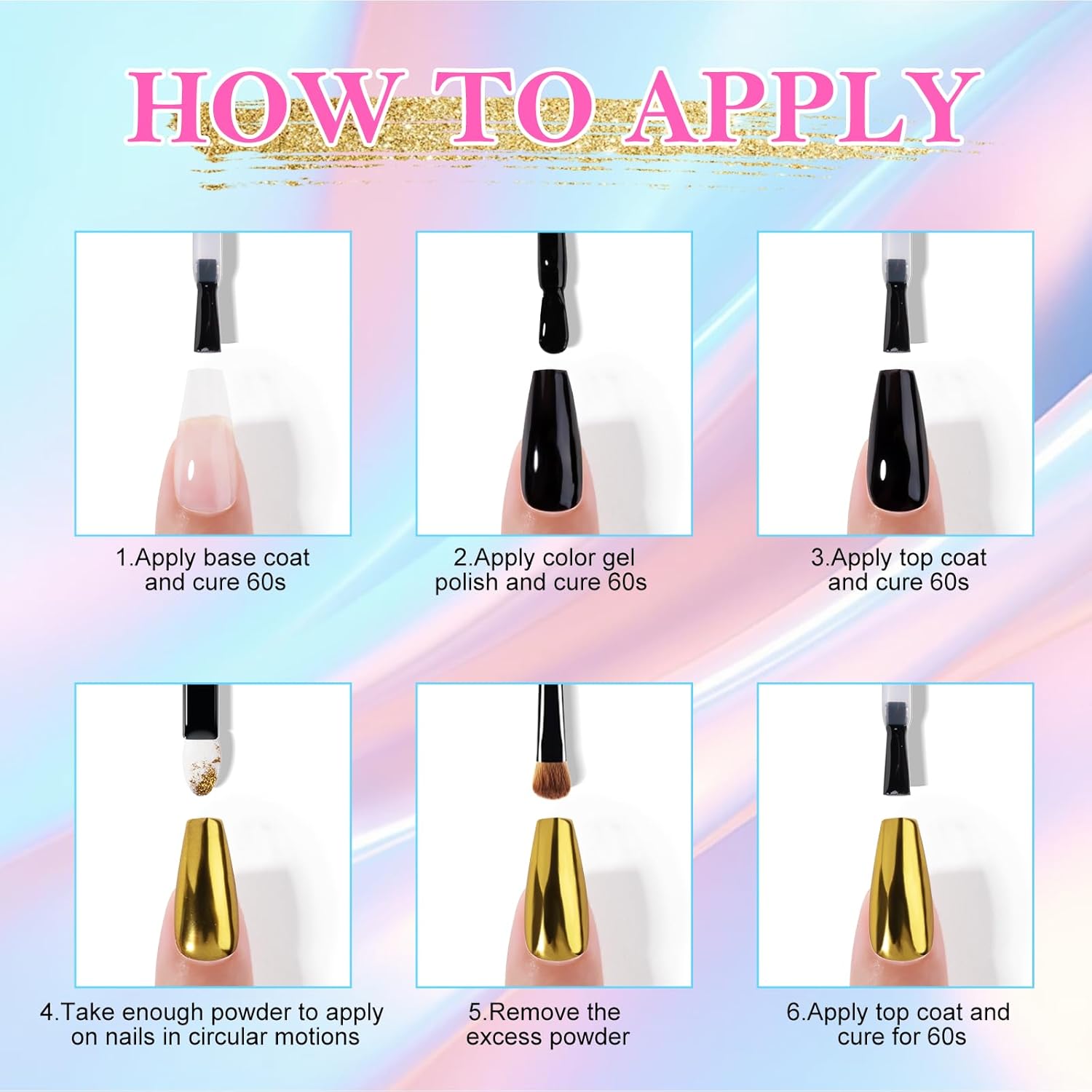 NXJ INFILILA Pearl Chrome Nail Powder Kit, Chrome Pallete for Nails 4 Colors - Gold, Silver, Moonlight White, Iridescent Yellow, Pearl Mermaid Aurora Effect Pigment for Gel Polish, Gift for Women