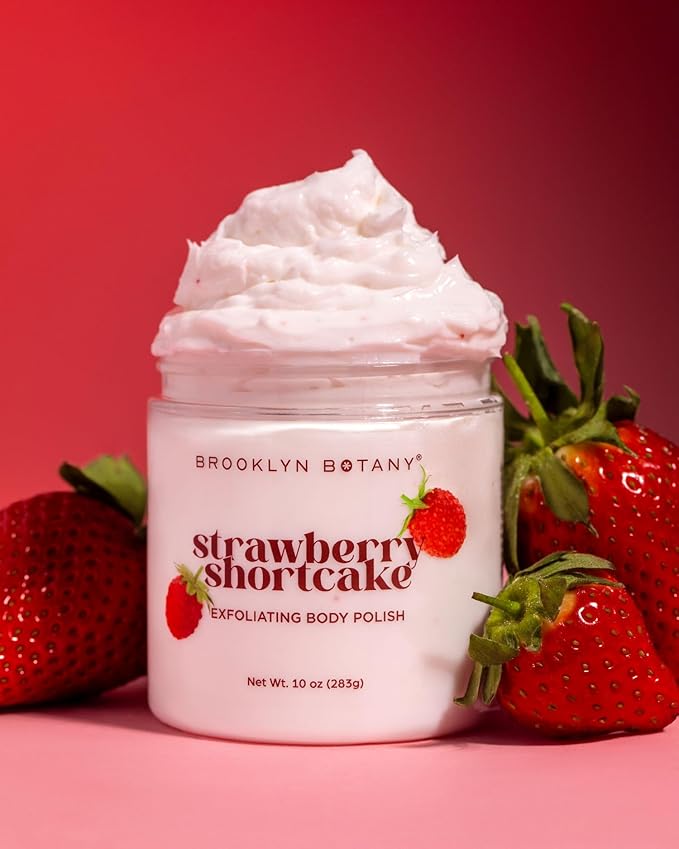 Brooklyn Botany Strawberry Shortcake Body Polish Scrub for Skin Care – Moisturizing and Gently Exfoliating Body Polish for Smoother, Softer and More Even Skin Tone – 10 oz