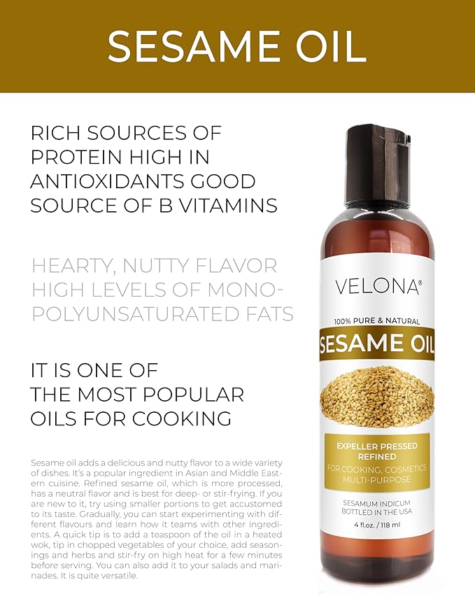 velona Sesame Seed Oil 4 fl oz | 100% Pure and Natural Carrier Oil | Refined, Expeller Pressed | Cooking, Skin, Hair, Body & Face Moisturizing | Use Today - Enjoy Results
