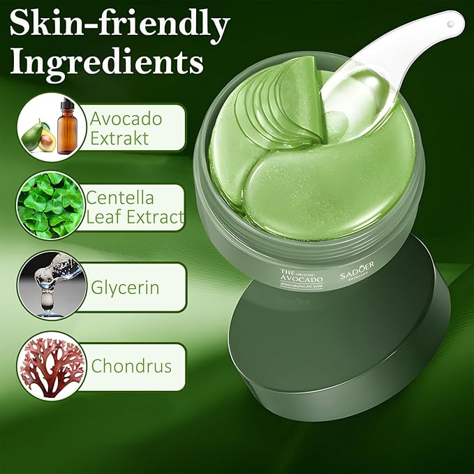 Under Eye Mask - 60 PCS Under Eye Patches, Hydrating Eye Gel Pads for Puffy Eyes, Dark Circles, Eye Bags, Puffiness, Fine Lines and Wrinkles with Pure Natural Extracts Undereye Jelly Mask (Avocado)