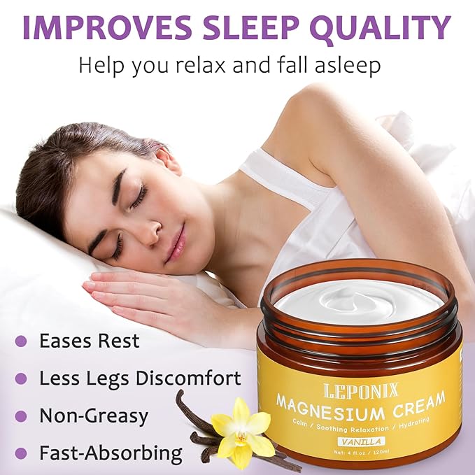 LEPONIX Magnesium Cream for Sleep - Topical Magnesium Lotion for Muscle Relaxation, Leg Cramps, Pain Relief & Better Sleep, Soothing Magnesium Body Butter for Adults & Kids (120ml, Vanilla)