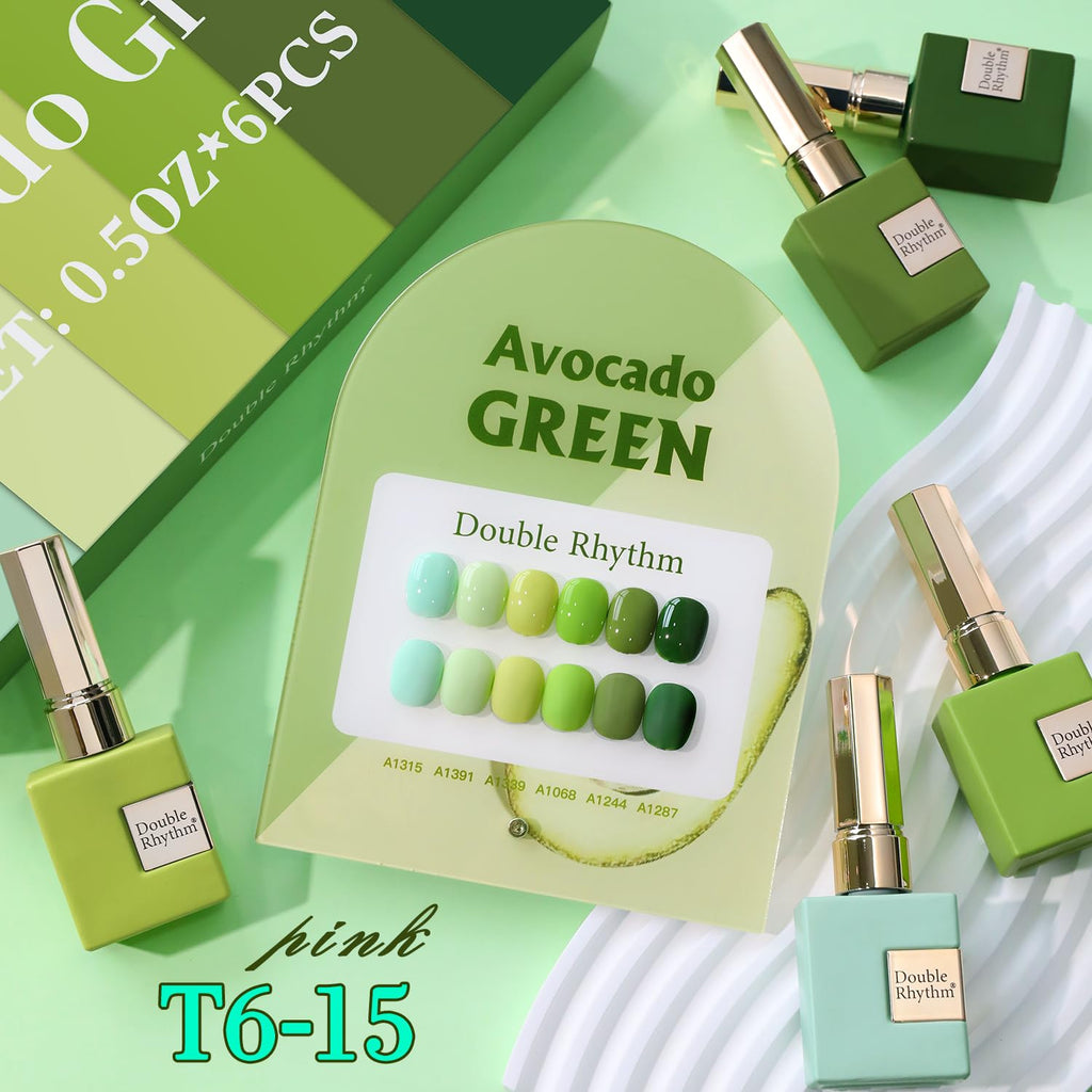 Double Rhythm 6 Pcs 15 ML Gel Polish Set Same Color Same Bottle Soak Off Gel Polish Kit Nail Art Manicure Salon DIY at Home for Women (Light Dark Green Olive Teal-T6-15)