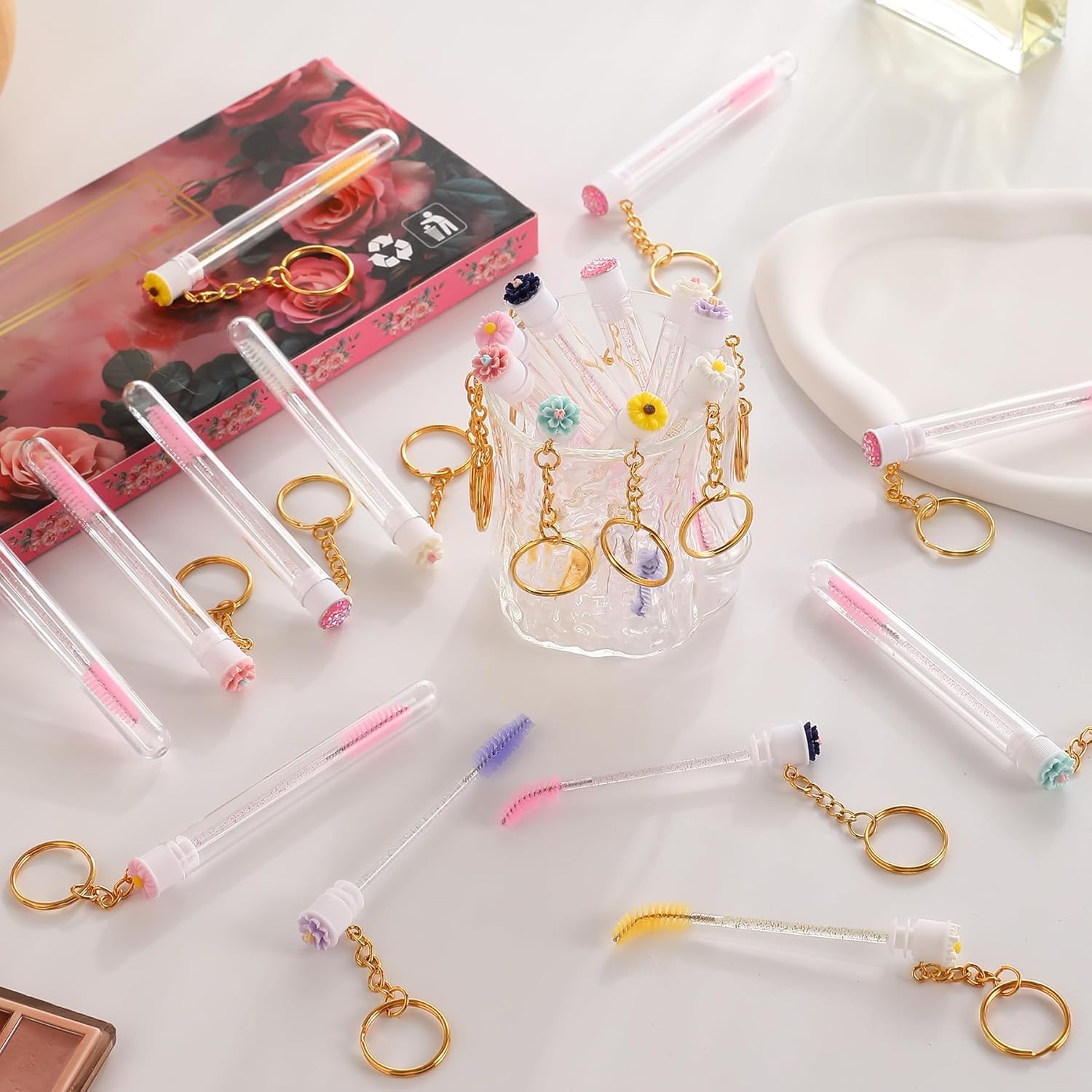 Upgrade 48 Pieces Disposable Mascara Wands Set,Include 24 Pcs Crystal Lash Spoolies Brush 24 Pcs Reusable Keychain Empty Eyelash Brush Tubes Christmas Holiday Gift Women Girls