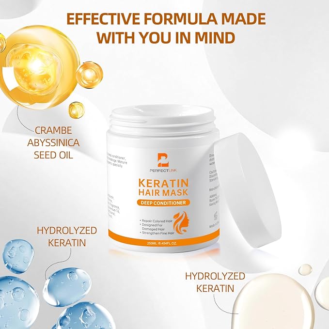 Keratin Hair Mask for Damaged Hair, Hydrating & Repairing Keratin Hair Treatment, Natural Deep Conditioning Smooth Hair Mask 250g for Curly Thin Fine Locks