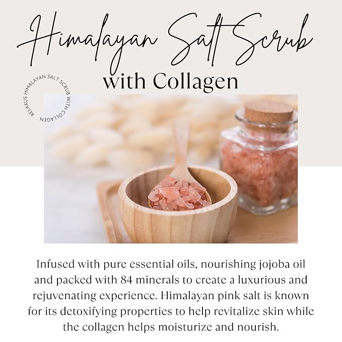 Spa Relaxus Himalayan Salt Scrub with Collagen 17.6 oz Jar, Rejuvenating Hydrating Salt Scrub with 84+ Minerals, Vitamin E, Jojoba Oil and Essential Oils (17.6 oz, Eucalyptus)