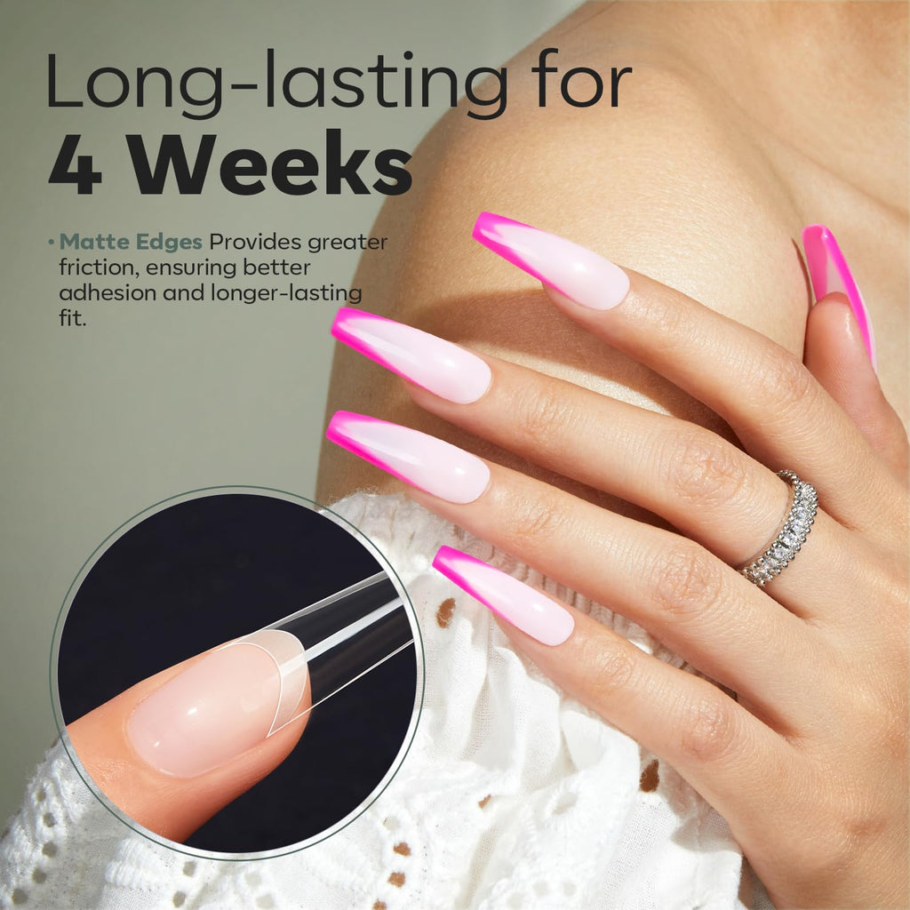 modelones Long Coffin French Nail Tips, 504 PCS No C Curve Pre-shaped Clear Acrylic Fake Nails Tips Gel Half Cover 12 Sizes with Box