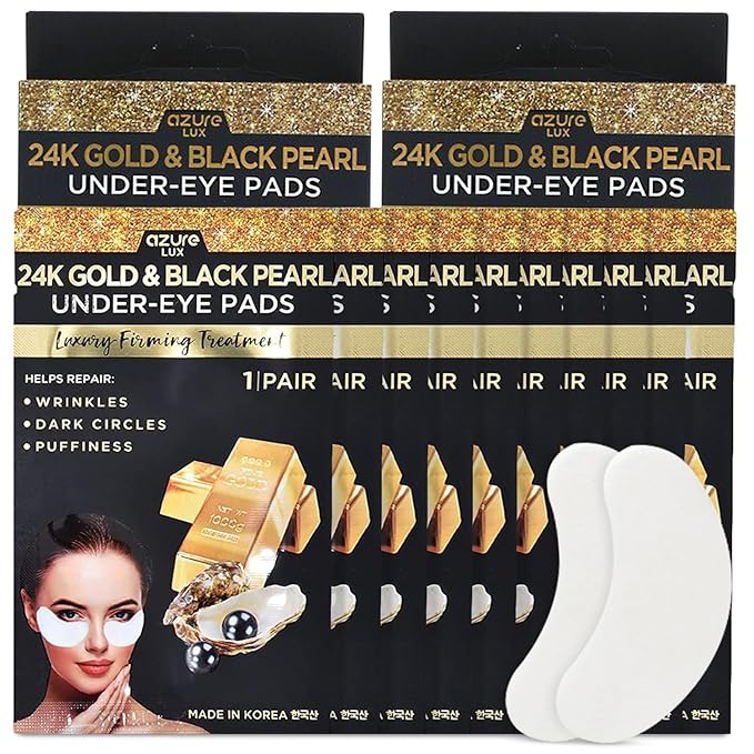 AZURE 24K Gold & Black Pearl Luxury Firming Under Eye Pads - Moisturizing & Restoring Eye Mask Patches - Reduces Fine Lines, Wrinkles, Dark Circles & Puffiness - Skin Care Made in Korea - 10 Pairs