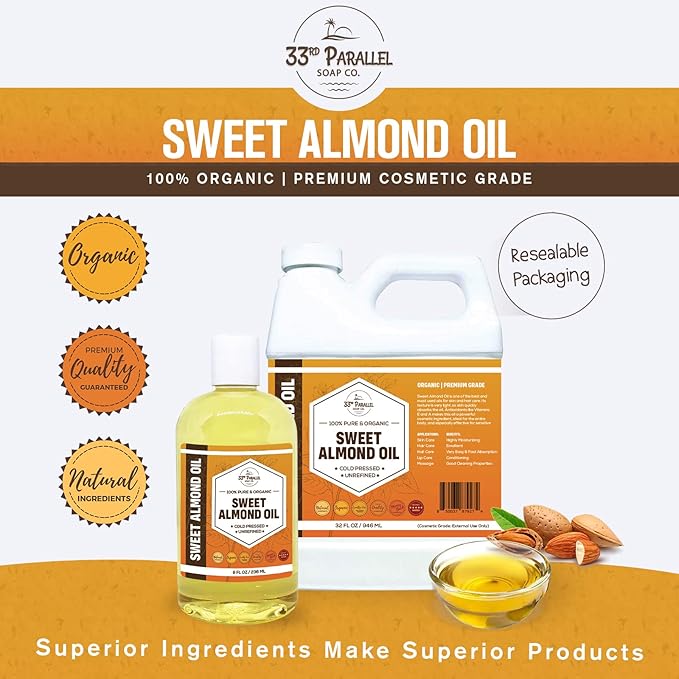 ORGANIC SWEET ALMOND OIL (8 oz) Premium Cold Pressed Unrefined | 100% Pure Sweet Almond Oil for Skin, Face, Hair, Soap Making | Carrier for Essential Oils | Available in Bulk | 8 FL OZ