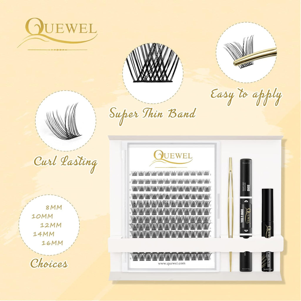 QUEWEL DIY Lash Extensions Kit Lash Clusters 144 Pcs, Cluster Lashes Golden Lashes Tweezers, Eyelash Clusters Bond and Seal Waterproof, Cluster Lash Glue Remover for DIY Lash Extensions (QU-RR-DH-02)