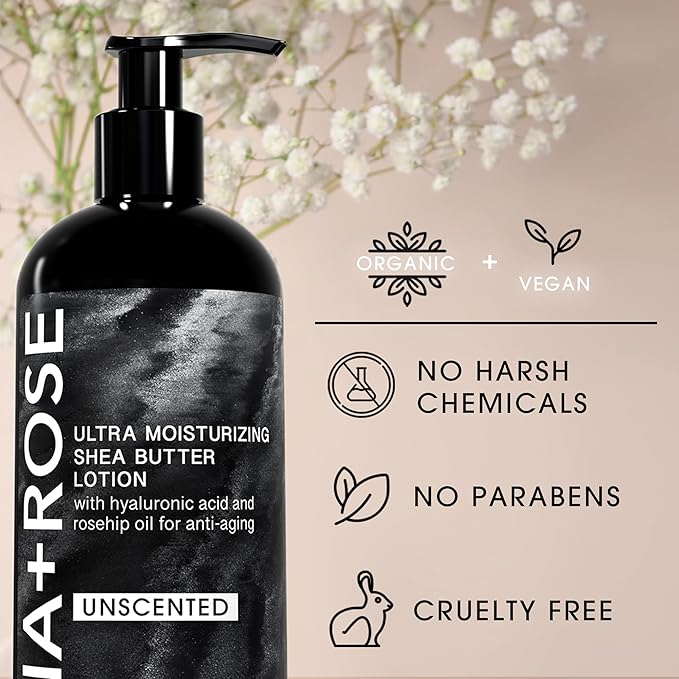 MADE IN THE USA Ultra Moisturizing Shea Butter Lotion with Hyaluronic Acid and Rosehip Oil for anti-aging ORGANIC VEGAN body and hand lotion 16oz (Unscented)
