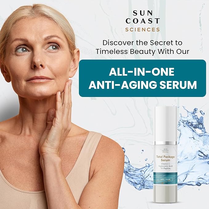 Sun Coast Sciences - Total Package Serum, All-In-One Vitamin C, Hyaluronic Acid, Peptides Serum For Face, Anti-Aging Facial Super Serum for Wrinkles, Brightening, Dark Spots - 1 fl oz