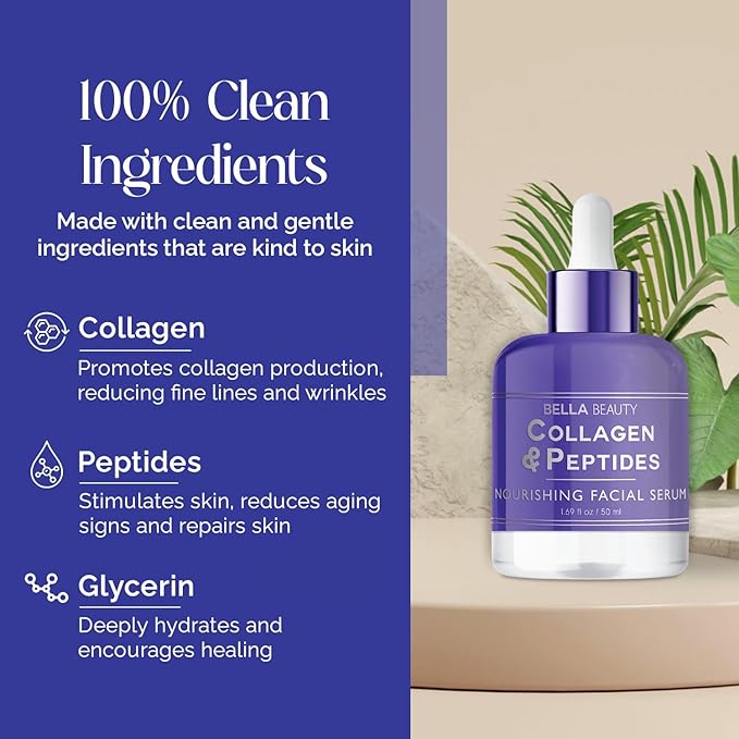Bella Beauty Collagen & Peptides Nourishing Facial Serum - Stimulates Collagen, Reduces Fine Lines & Wrinkles, Deeply Hydrates - Dermatologist Tested, Korean Skin Care for All Skin Types - 1.69 Fl. Oz