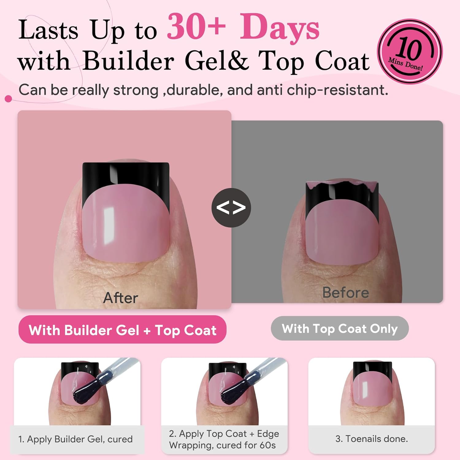 Toenail Press Ons French Tip, Berry Pink Black Elegant False Toe Nail Extension 15 Sizes 270 Pcs Sharp Square Acrylic Tips Pre-applied Nail Primer & Base Coat Full Cover for DIY Home 2025 Summer