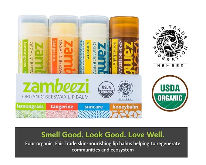 Fair Trade, Organic Beeswax Lip Balm - Variety 4 Pack (Lemongrass, Tangerine, Suncare and Honeybalm) - Ethically Sourced