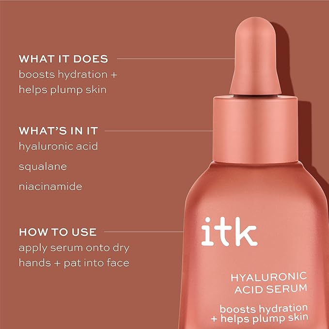 ITK Hyaluronic Acid Serum with Niacinamide & Squalane - Hydration & Plumping Anti-Aging Serum For Face - Deep Moisture Hydrating Face Serum For Sensitive + Dry Skin - Vegan + Cruelty Free, 1 Fl Oz