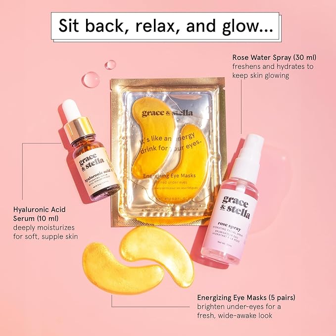 grace & stella Award-Winning Mothers Day Gifts for Mom, Birthday Gifts for Women - Travel Essentials with Gold Eye Masks, Hyaluronic Acid Serum & Rose Spray - Vegan Skin Care Set - Bachelorette Party