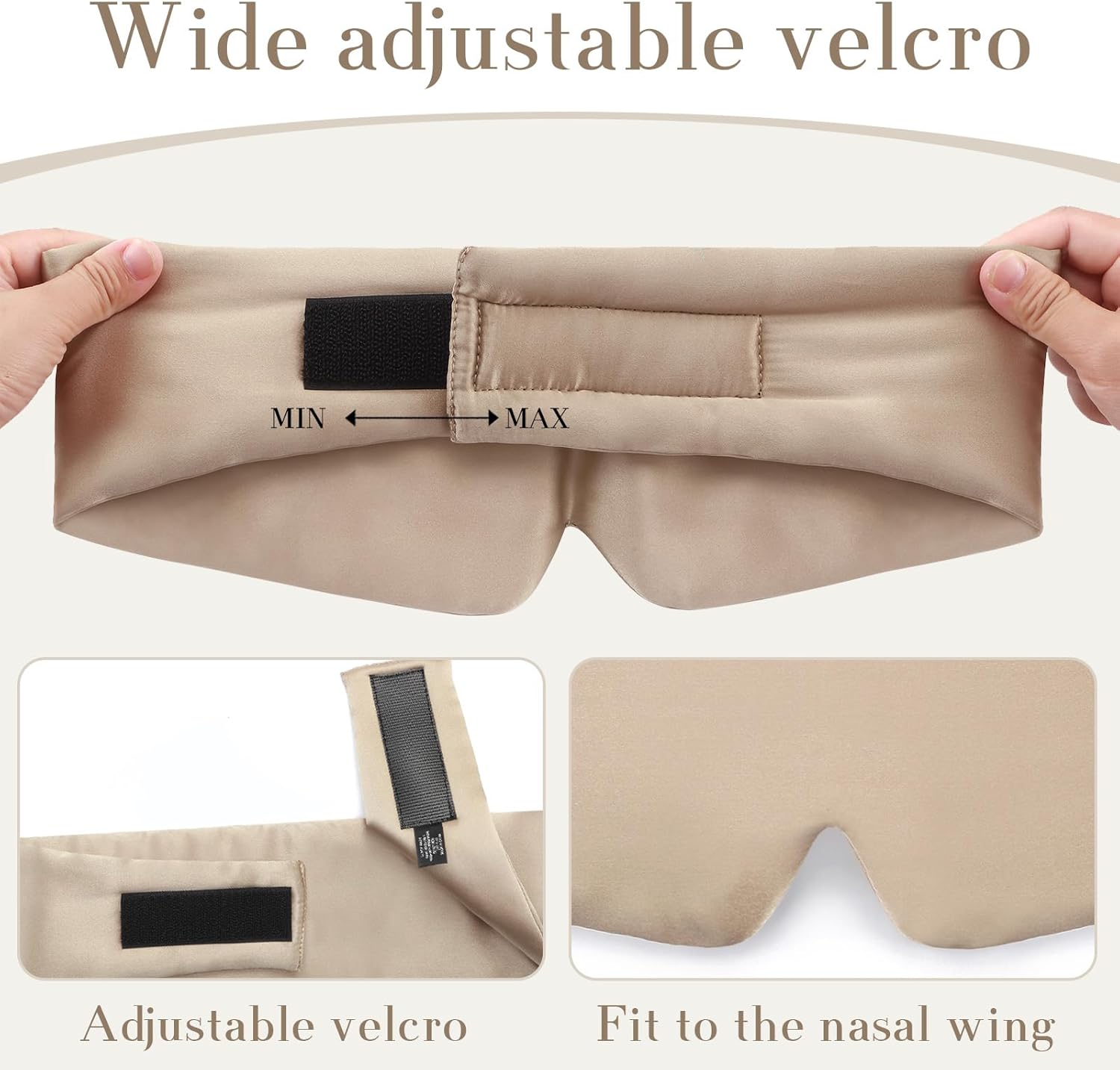 100% Mulberry Silk Sleep Mask Eye Mask for Women Man with Adjustable Band, for Side Sleeper Blackout Sleep Mask for Travel Rest and Office Large Size (Taupe)