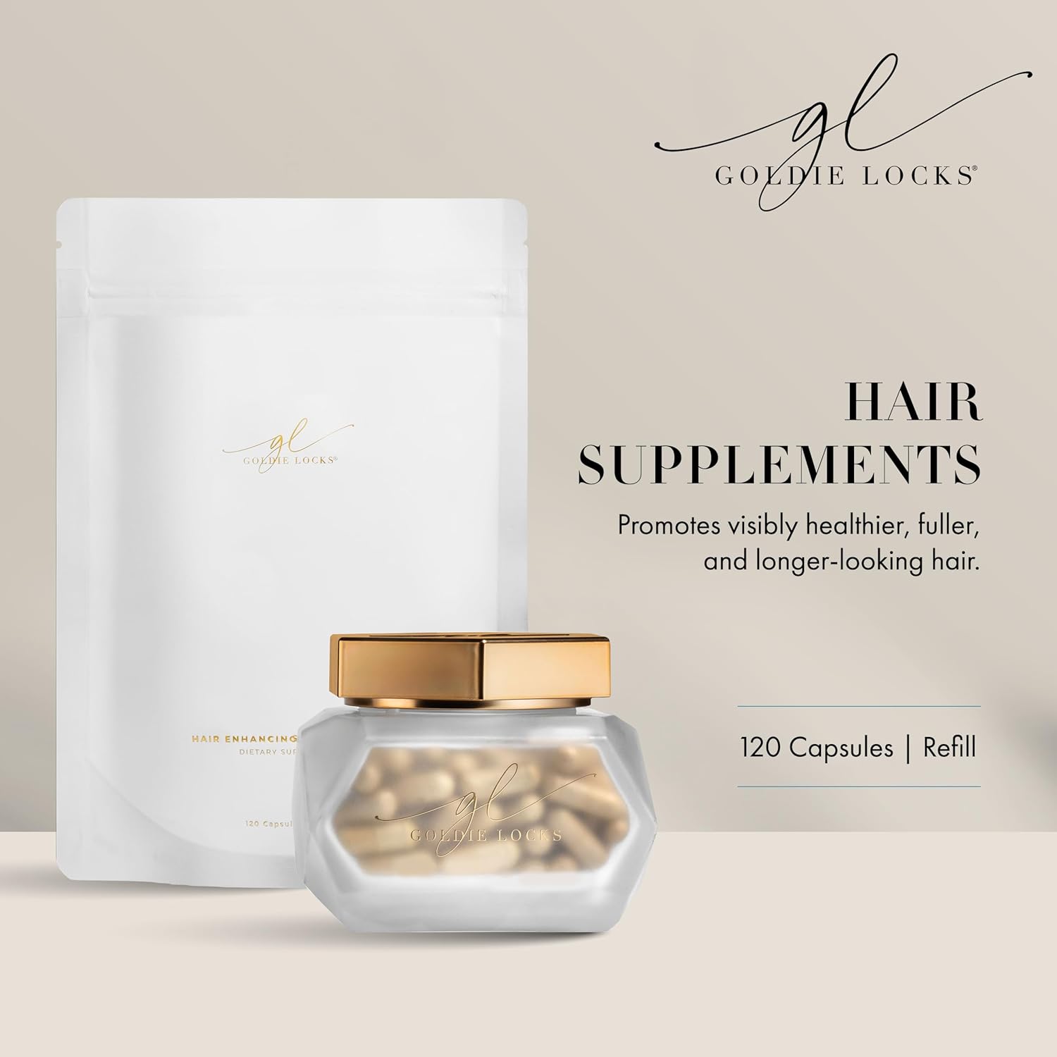 Goldie Locks Hair Growth Supplements Original Formula Refill, Hair Supplements for Stronger & Healthier Locks, Vitamins That Enhance Hair, Skin, and Nails, 120 Count