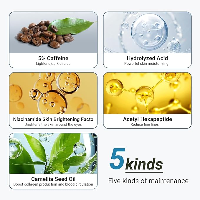 Eye Cream with 5% Caffeine Hyaluronic Acid for Puffy, Fine Lines, Dark Circles and Wrinkles, Under Eye Serum with 360° Roller Massage Ball, Eyelids Skin Care for Women & Men, 0.5 fl. oz