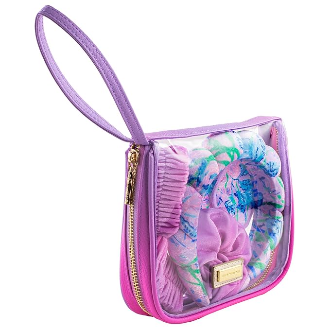 Lilly Pulitzer Self Care Kit, Spa Gift Set for Women with Spa Headband, 2 Face Wash Pads, 2 Wristbands, and Scrunchie, Secret Escape