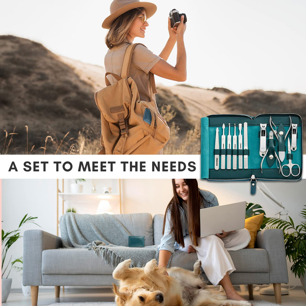 FAMILIFE Nail Kit, Professional Manicure Set Manicure Kit, 11 in 1 Stainless Steel Nail Clippers Set Pedicure Tools, Men Grooming Tool with Portable Blue Leather Travel Case Luxury Gifts for Him