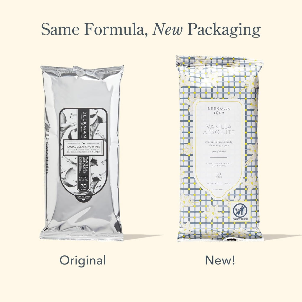 Beekman 1802 Face & Body Wipes, Vanilla Absolute - Scented - 30 Count - Cleanses Dirt & Makeup - With Goat Milk, Aloe & Vitamin E - Alcohol Free, Biodegradable - Good for Sensitive Skin - Cruelty Free