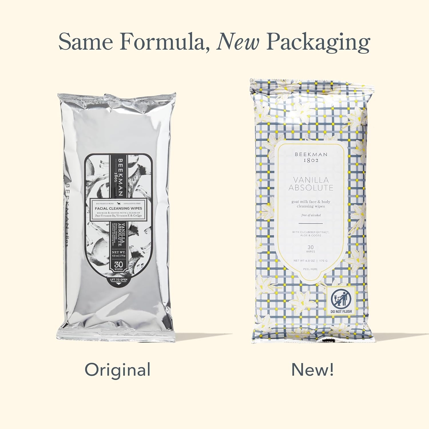 Beekman 1802 Face & Body Wipes, Vanilla Absolute - Scented - 30 Count - Cleanses Dirt & Makeup - With Goat Milk, Aloe & Vitamin E - Alcohol Free, Biodegradable - Good for Sensitive Skin - Cruelty Free