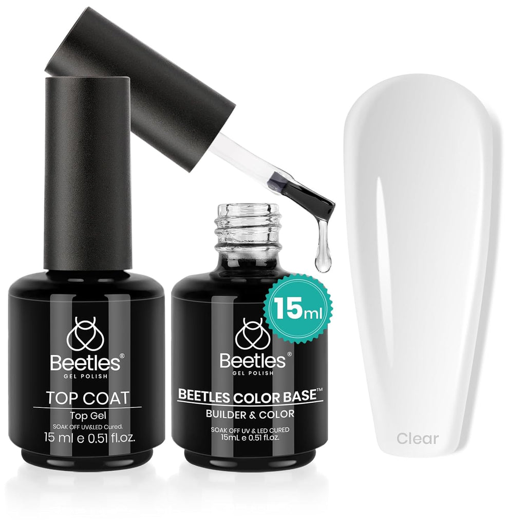 Beetles Gel Top Coat & Clear Rubber Base Gel Polish Set, 2Pcs 15ml Top Coat Nail Polish and Clear Nail Polish Soak Off UV LED for Nail Art Long Lasting DIY Manicure Use Gifts for Women