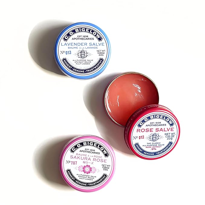 C.O. Bigelow All Purpose Salves, Variety Pack of 3 Lip Balm Tins for Chapped Lips & Dry Skin - Classic Rose, Lavender & Sakura Rose Moisturizing Lip and Skin Salves, 0.8 oz each