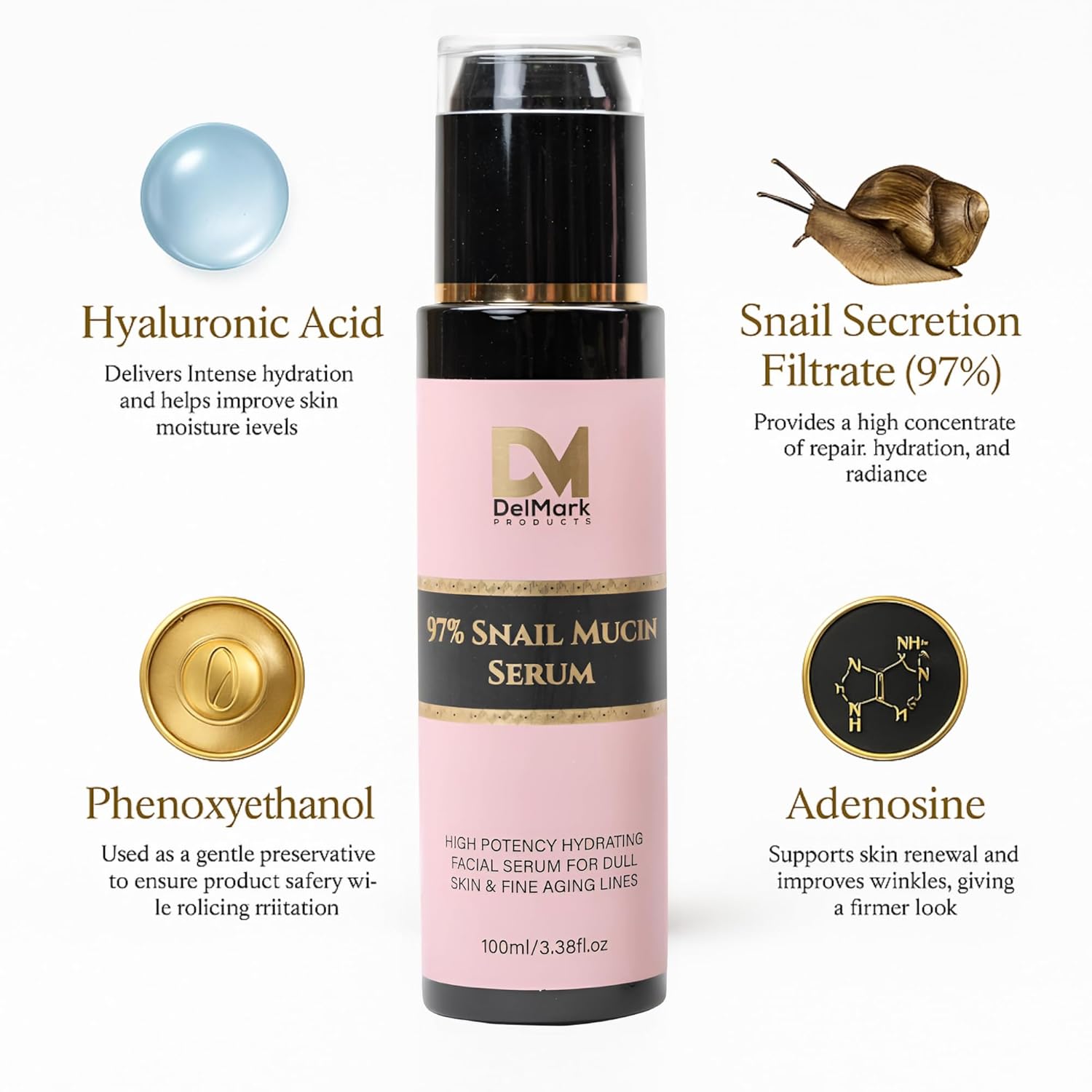 Snail Mucin Serum 100ML, 97% Snail Secretion Filtrate with Hyaluronic Acid, Power Repairing Essence, Dark Spot Remover, Korean Skincare, Hydrating Serum for Face, Eye, and Neck