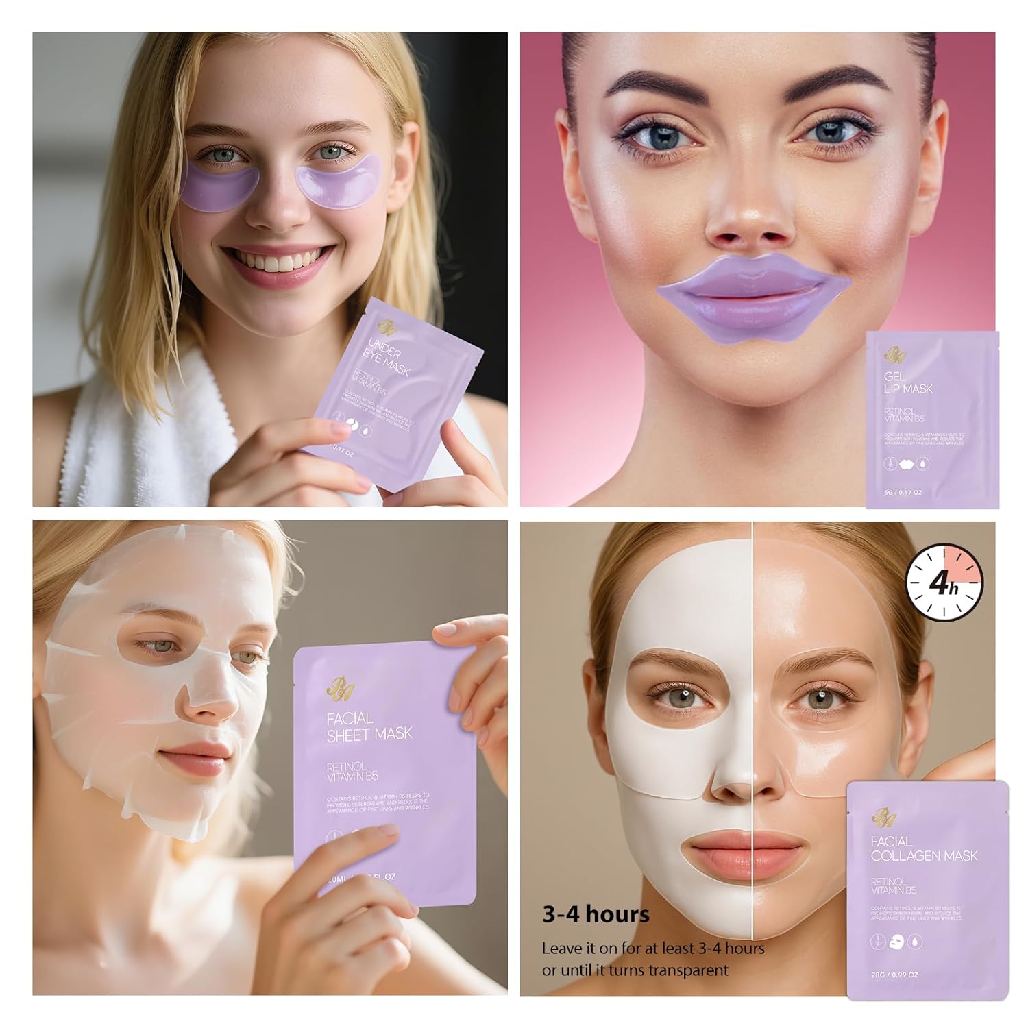 Lavender Face Sheet Mask Pack, 55Pcs Skin Care Kit for Women, Overnight Collagen Mask, Gel Lip Mask, Clay Mask, Hyaluronic Acid Face Serum, Spa Headband, Beauty Care, Christmas, Birthday, Mother Day