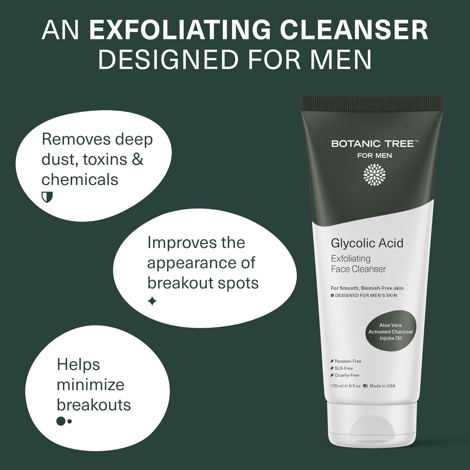 Botanic Tree Glycolic Acid Exfoliating Face Wash for Men - Facial Exfoliating Cleanser, Face Scrub - 10% Glycolic Acid with Activated Charcoal - 6 fl oz