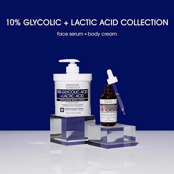 Advanced Clinicals 10% Glycolic Acid + Lactic Acid Lotion Exfoliant Moisturizing Cream With Hyaluronic Acid Moisturizer | AHA Exfoliating Body Cream Improves Look Of Uneven Rough Skin Texture, 16 Oz