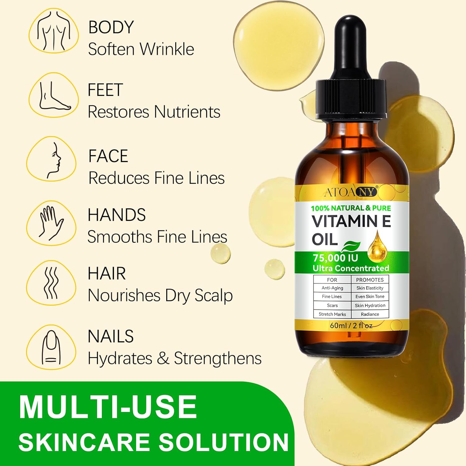 2 Pack Vitamin E Oil, 75,000 IU Organic Pure Vitamin E Oil for Tightening Plump Skin, Reduce Fine Lines & Scars, Moisturizing Skin, Face & Full Body