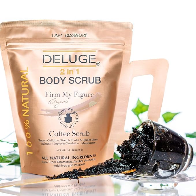 Deluge Coffee Scrub for Cellulite and Stretch Marks, Body Exfoliant and Hydrating Cellulite Treatment with Shea Butter, Coconut Oil and Dead Sea Salt Firms, Tones and Moisturizes Skin (10 oz)
