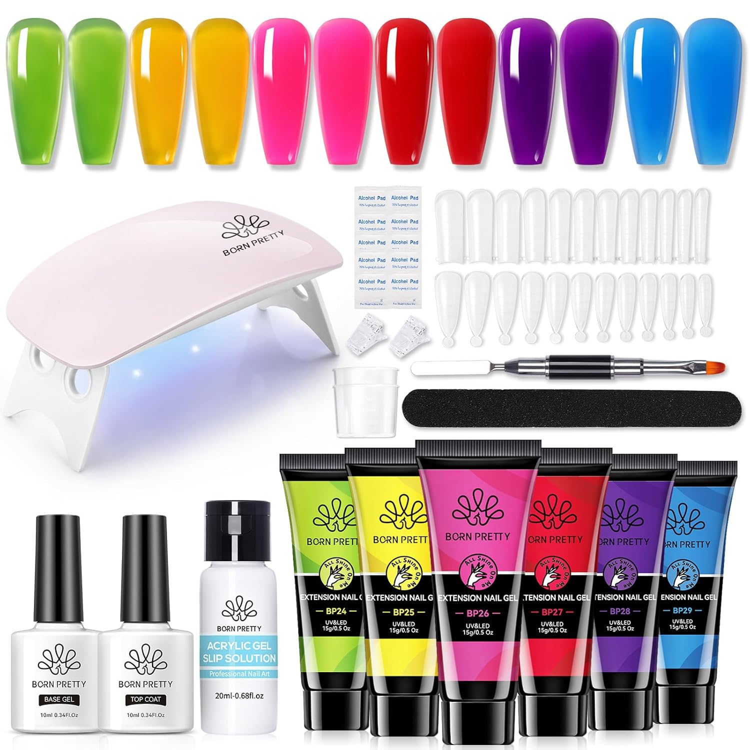 BORN PRETTY Neon Extension Nail Gel Kit-6 Colors Gel Kit Neon Pink Blue All-In-1 with Nail Lamp Base Top Coat Set Nail Forms French Manicure Set