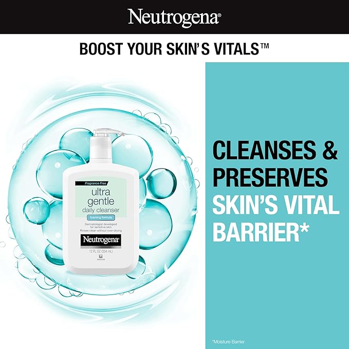 Neutrogena Fragrance Free Ultra Gentle Foaming Daily Cleanser, Hydrating Face Wash for Sensitive Skin, Removes Makeup & Gently Cleanses Without Over Drying, Hypoallergenic, 12 fl. oz