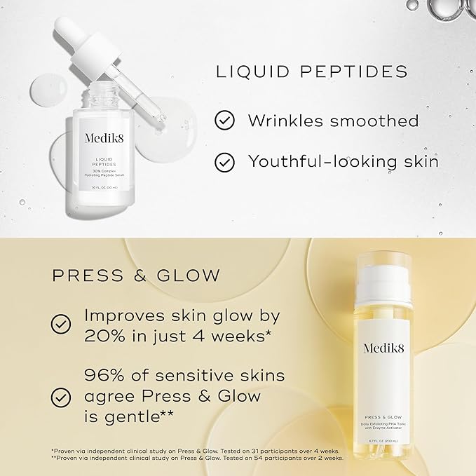 Medik8 Serum Tonic Duo - Liquid Peptides - Gentle, Cleansing Exfoliant Toner - Smoothing, Firming Multi Peptide Serum - 2 pc