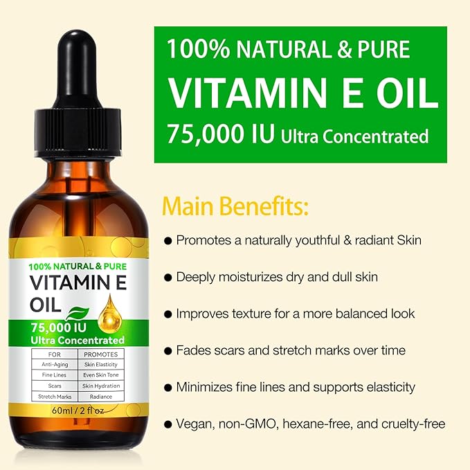 Vitamin E Oil for Scars 2.02 FL OZ- All Natural & Vegan Skin Moisturizer - Light and Unscented Great for Post Surgery Scars - Reduce Wrinkles, Anti Aging - Face, Skin & All Over