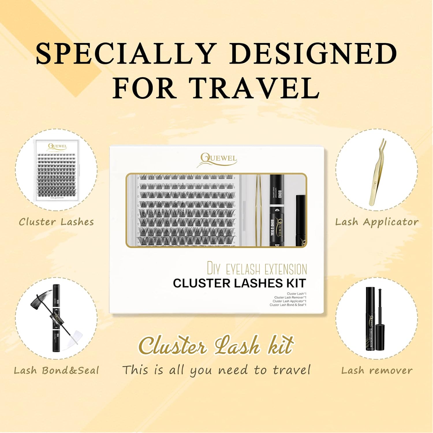 QUEWEL DIY Lash Extensions Kit Lash Clusters 144 Pcs, Cluster Lashes Golden Lashes Tweezers, Eyelash Clusters Bond and Seal Waterproof, Cluster Lash Glue Remover for DIY Lash Extensions (QU-RR-DH-02)