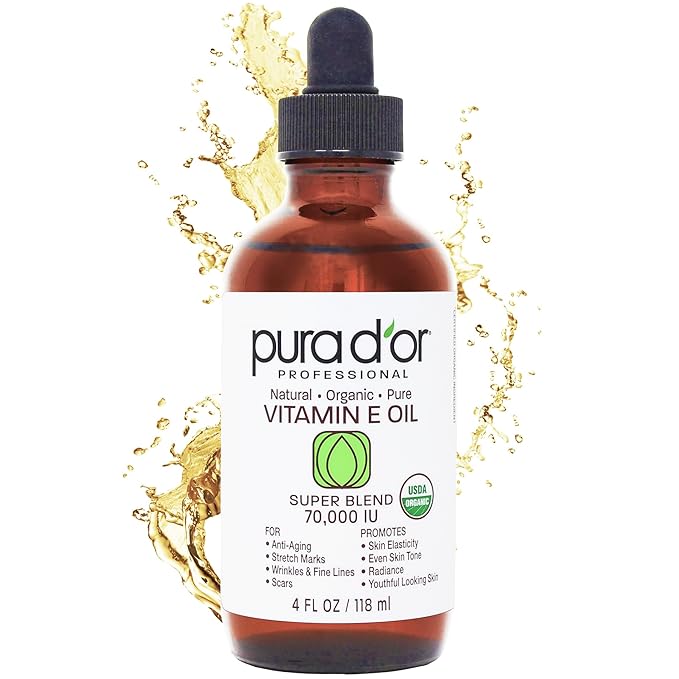 PURA D'OR 4 Oz ORGANIC Vitamin E Oil Blend 70,000 IU - 100% Natural Hexane Free, Sweet Almond, Apricot, Jojoba, Argan, Rosehip, Sunflower & Avocado Bath Oil For Scars, Skin, Face & Full Body