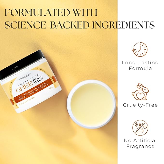 Activated Ghee Body Oil/Balm | Shea Moisturizer | Moisturizer for Extra Dry Skin | Innovative New Formulation | Ghee, Shea Butter, Coconut Oil | After Sun Moisturizer (8 oz)