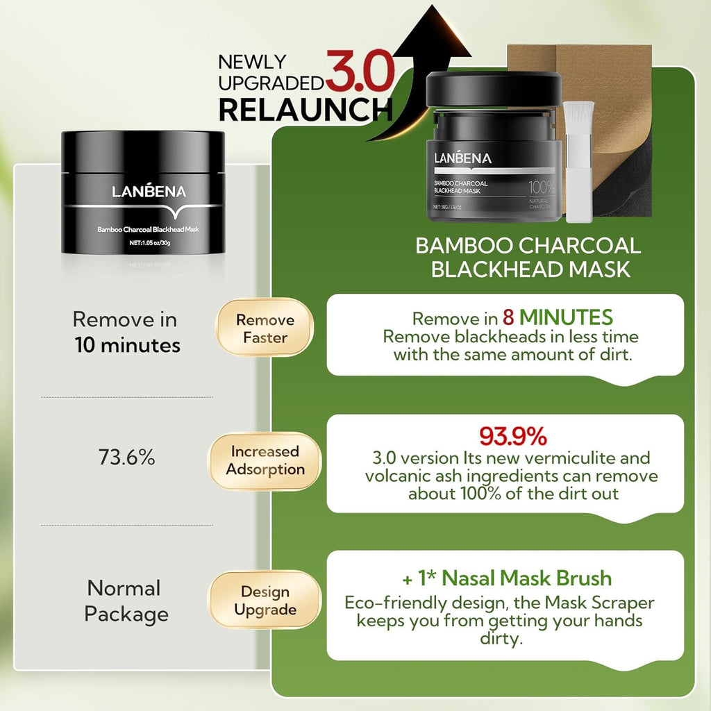 LANBENA 3.0 Bamboo Charcoal Blackhead Remover Mask, 50g/1.76 oz, 120+ pcs Nose Pore Strips, Peel off Face Mask Whiteheads Cleanser Strawberry Nose Purifying, with Amazonian White Clay